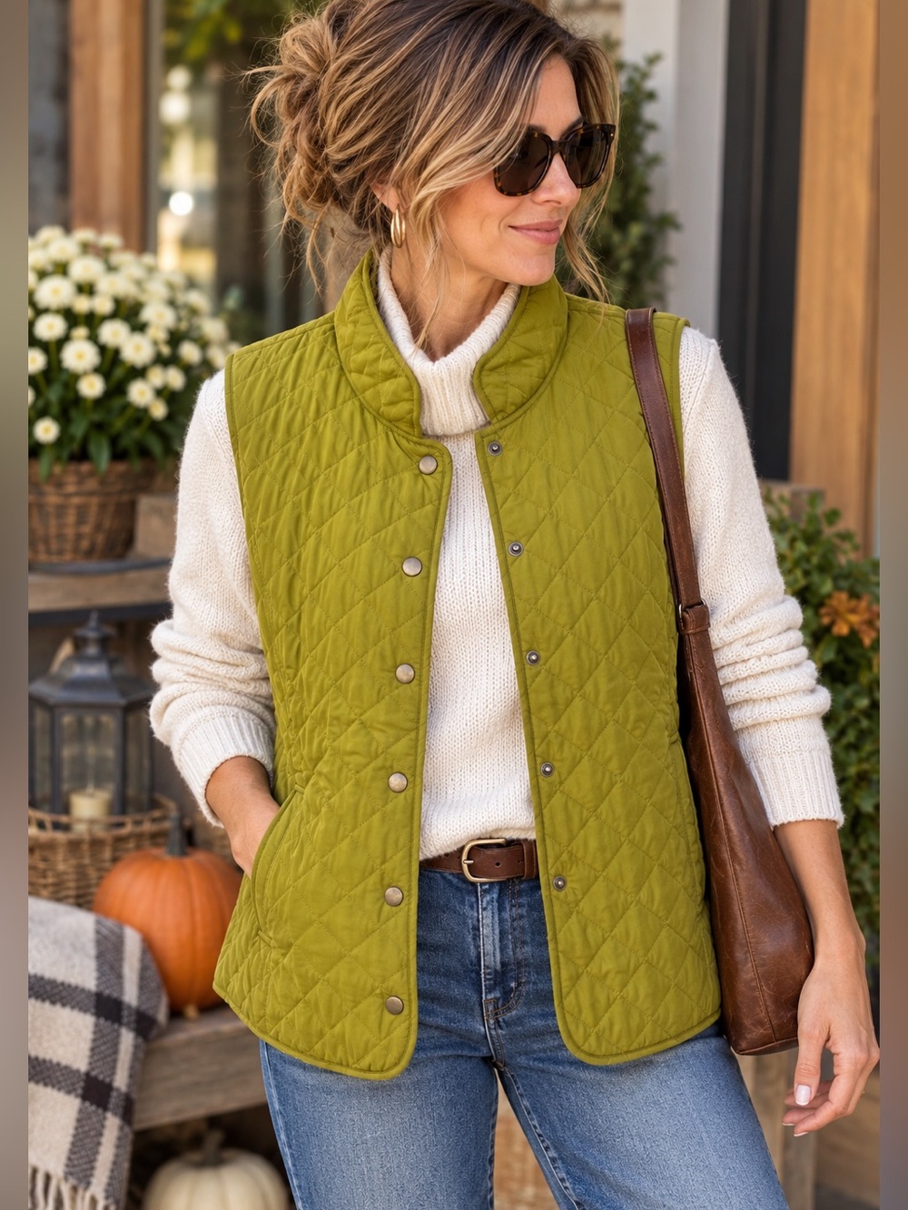 J.Jill Quilted Vest Women’s L Petite Chartreuse Olive Green Snap Front Fall